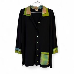 Reuma Silk Button Front Blouse Size XL Lagenlook Green and Black Bell Sleeve